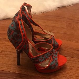 Orange and teal heels. Size 7